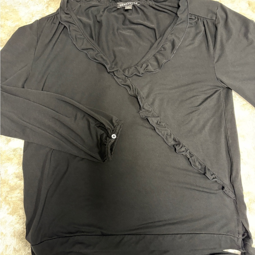 J. Crew Black Ruffled V-Neck Blouse w/ side tie - Women’s S - Picture 2 of 4